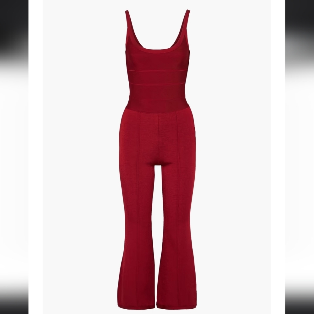 14. NWT HERVE LEGER CROPPED FLARED BANDAGE JUMPSUIT SIZE MEDIUM